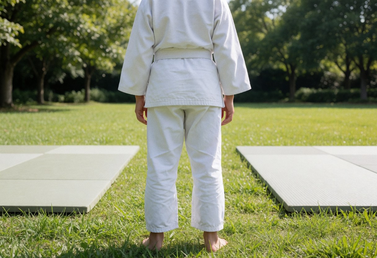Étudiant de arts martiaux en gi blanc, de dos, sur des tapis dans un jardin avec de l'herbe et des arbres, idéal pour un instructeur de arts martiaux.