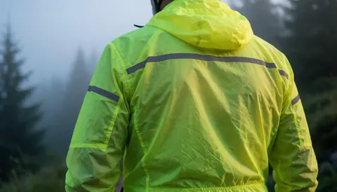 Cycliste de dos portant une veste jaune réfléchissante sur un sentier montagneux brumeux à l'aube, idéal pour la page d'accueil d'un site web lié au vélo.