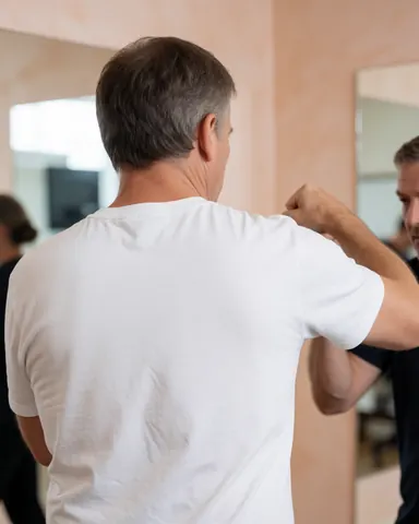 Un homme adulte effectue un entraînement avec un instructeur de boxe dans un gymnase équipé de miroirs et de murs de couleur terracota clair.