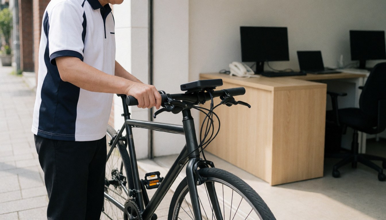 Cycliste en uniforme tenant un vélo-taxi noir équipé d'une batterie externe sur le guidon, prêt à assurer un service de transport urbain moderne.