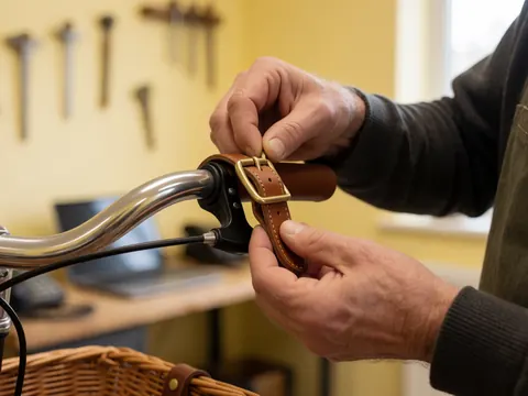 Main ajustant une boucle en cuir sur un panier de vélo dans un atelier avec des outils suspendus sur un mur jaune.