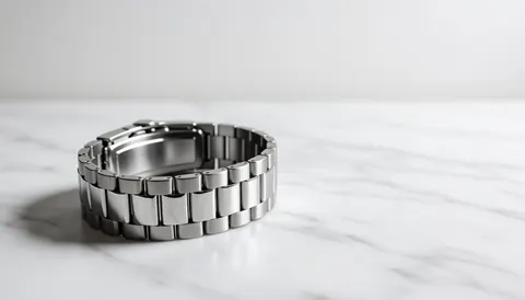 Bracelet de montre en acier inoxydable posé sur une surface en marbre blanc, avec des reflets métalliques brillants et un fond flou, idéal pour la bijouterie.