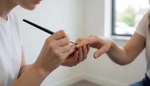 Manuciste applique un détail doré sur l'ongle d'une cliente avec un pinceau dans un salon aux murs blancs et à la lumière naturelle.