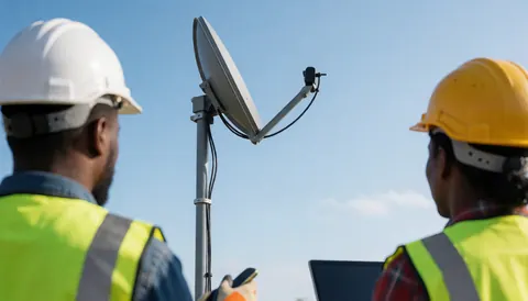 Deux installateurs d'antennes travaillant sur une antenne satellite posée sur un toit, portant casques et gilets de sécurité sous un ciel bleu.