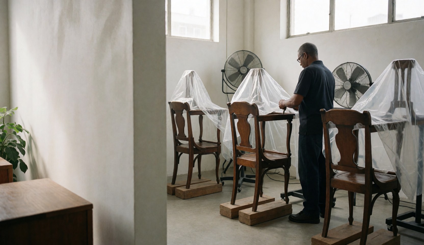 Un professionnel restaure des chaises en bois ancien dans un atelier équipé de ventilateurs et de plastique protecteur, baigné de lumière naturelle.