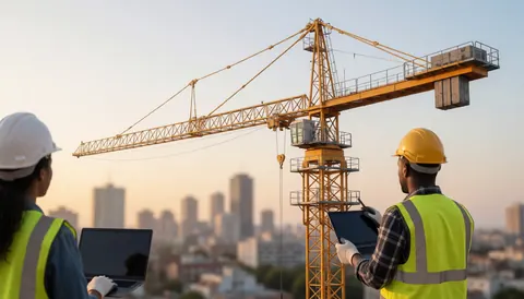 Deux travailleurs en casques et gilets réfléchissants consultent des plans sur une tablette et un ordinateur portable devant une grue au coucher du soleil en ville.