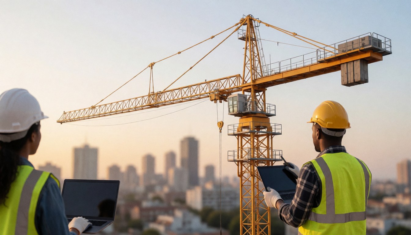 Deux travailleurs en casques et gilets réfléchissants consultent des plans sur une tablette et un ordinateur portable devant une grue au coucher du soleil en ville.