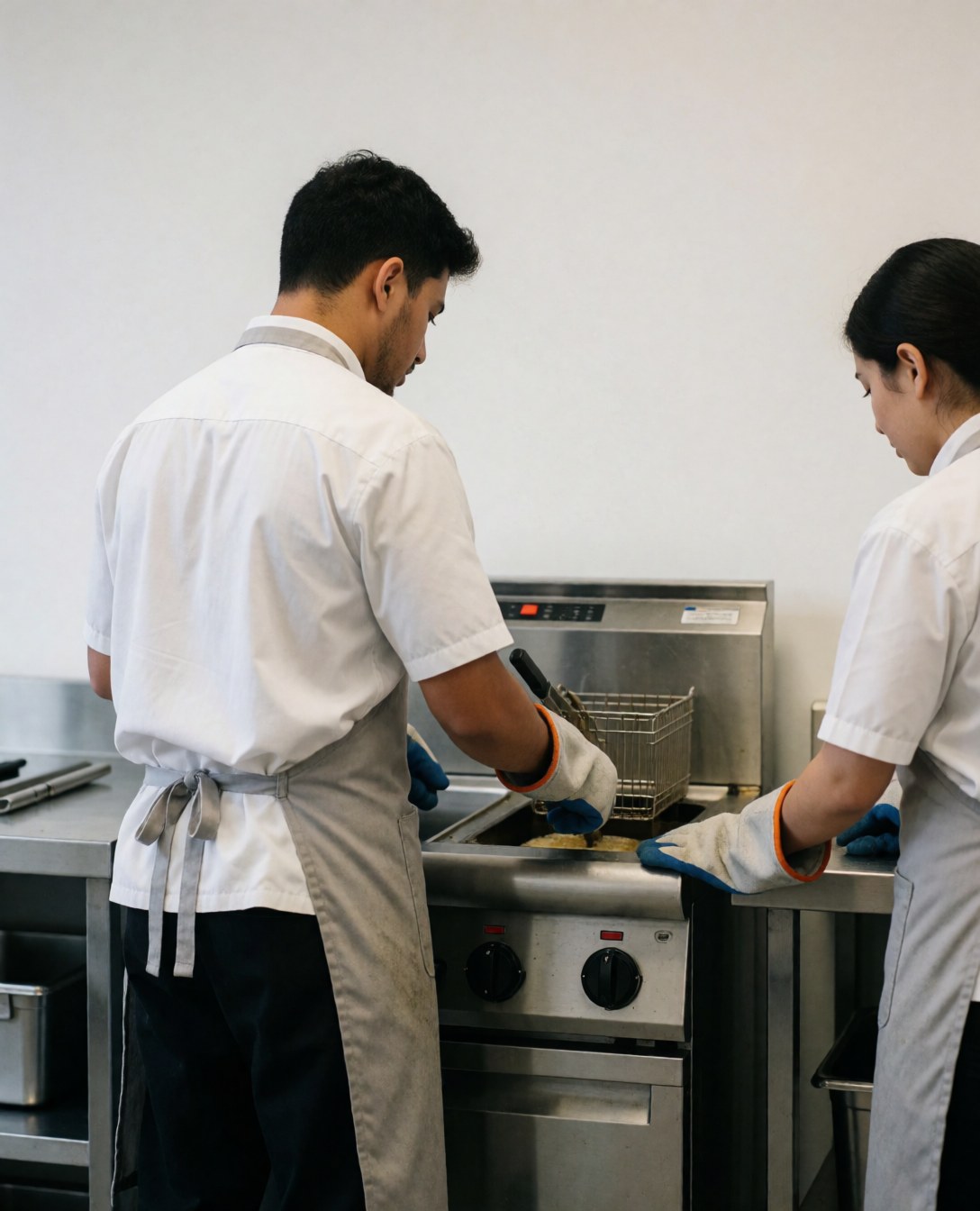 Deux techniciens en gants de protection interviennent sur une friteuse en acier inoxydable dans une cuisine professionnelle moderne et propre.