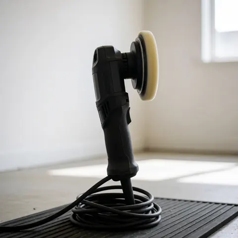 Polisseuse automobile noire équipée d'un tampon en mousse circulaire. Le câble est enroulé sur un tapis en caoutchouc posé au sol dans un atelier aux murs blancs.