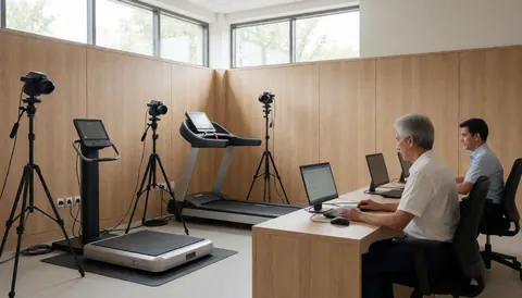 Caméra et plateforme de force dans une salle d'évaluation avec bande et ordinateurs pour l'analyse du mouvement et la rééducation.