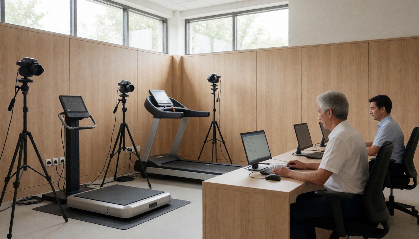 Caméra et plateforme de force dans une salle d'évaluation avec bande et ordinateurs pour l'analyse du mouvement et la rééducation.