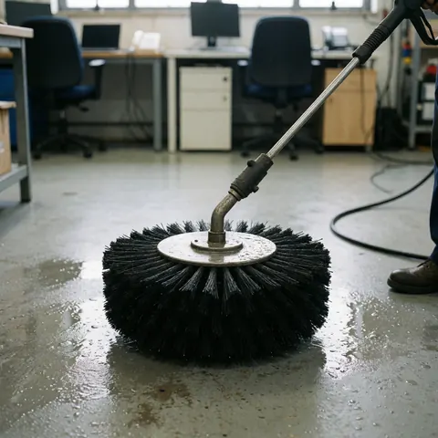Brosse à pression avec poils noirs nettoyant un sol en béton humide dans un atelier industriel, avec une personne travaillant à proximité.