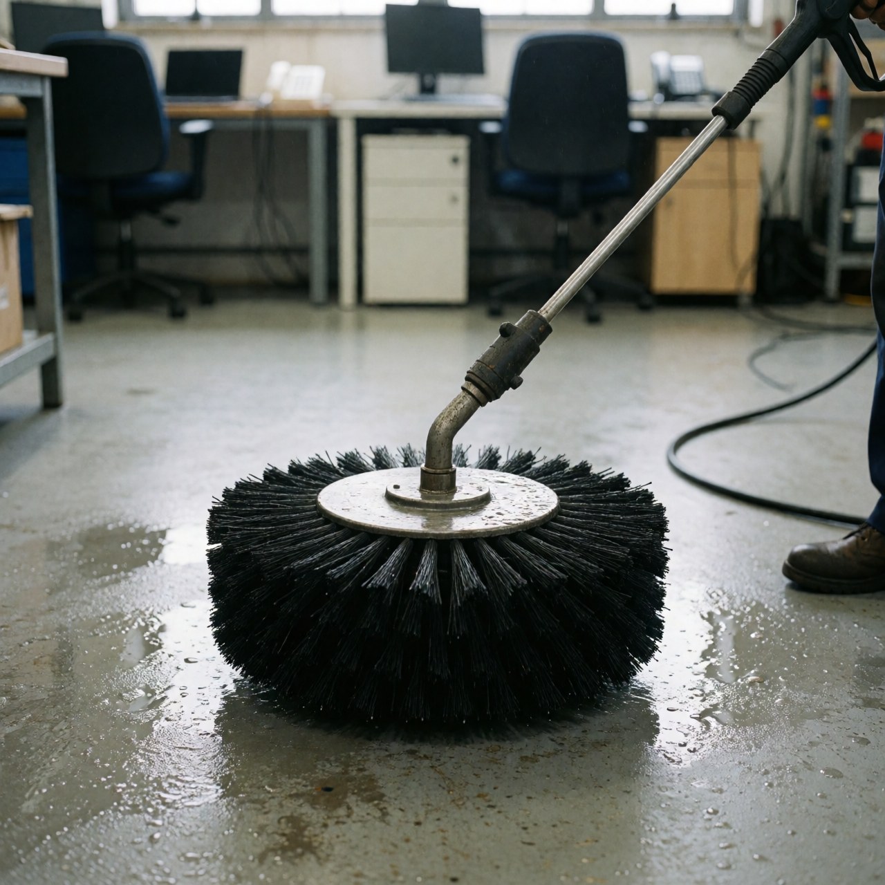 Brosse à pression avec poils noirs nettoyant un sol en béton humide dans un atelier industriel, avec une personne travaillant à proximité.