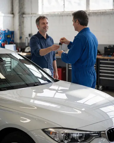 Un technicien en combinaison bleue remet les clés à un client devant une voiture blanche fraîchement peinte dans un atelier bien éclairé.