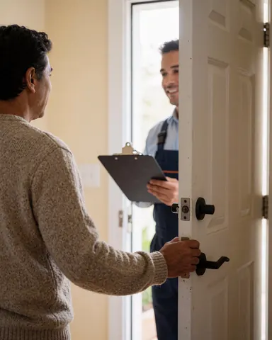 Une cliente sourit en ouvrant sa porte à un technicien en chauffage tenant un porte-documents, dans un intérieur lumineux aux murs beige.