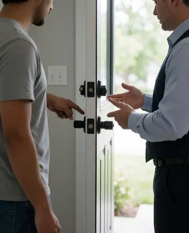 Un client et un serrurier examinent ensemble une nouvelle serrure installée sur une porte d'entrée, dans un cadre résidentiel avec des murs gris et une lumière naturelle.