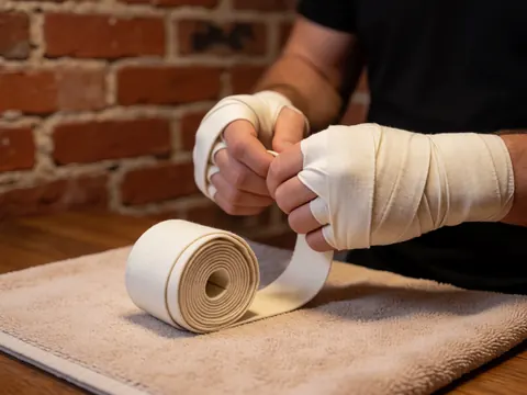 Mains avec des bandages de boxe posées sur une serviette devant un mur de briques avec une lumière chaude, détails de préparation pour l'entraînement.