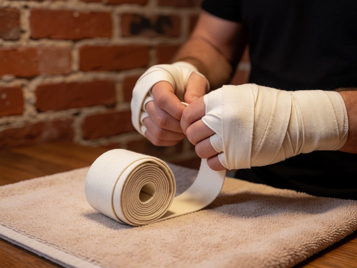 Mains avec des bandages de boxe posées sur une serviette devant un mur de briques avec une lumière chaude, détails de préparation pour l'entraînement.