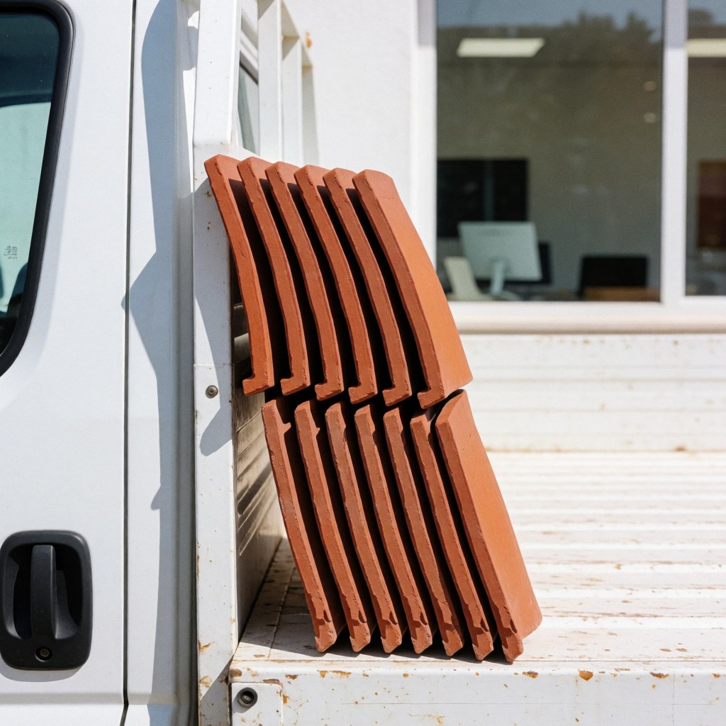 Cinq tuiles de terre cuite courbes empilées dans le plateau d'un camion blanc, prêtes pour une réparation de toiture par temps ensoleillé.