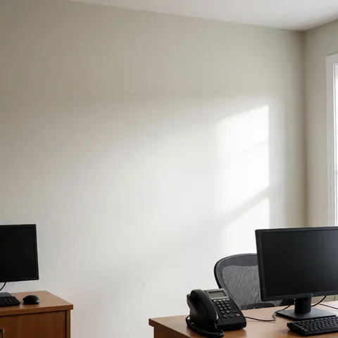 Mur peint en ton neutre baigné de lumière solaire, bureau avec ordinateur et téléphone, idéal pour un espace de travail professionnel ou un commerce.