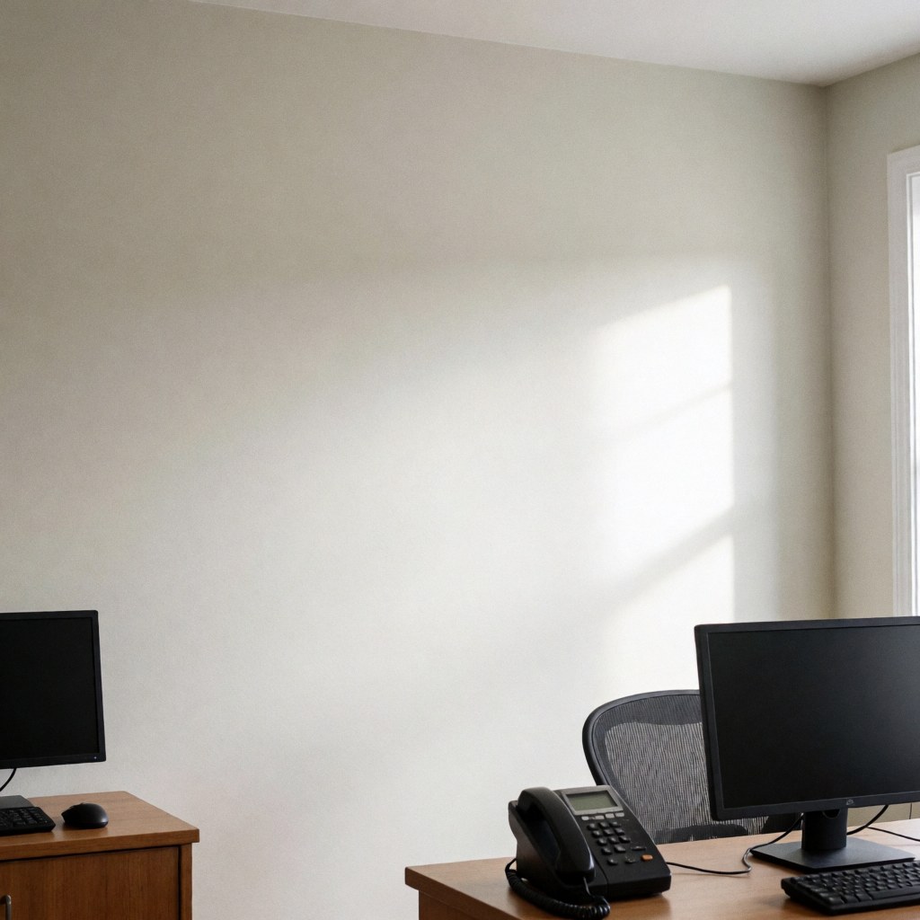 Mur peint en ton neutre baigné de lumière solaire, bureau avec ordinateur et téléphone, idéal pour un espace de travail professionnel ou un commerce.