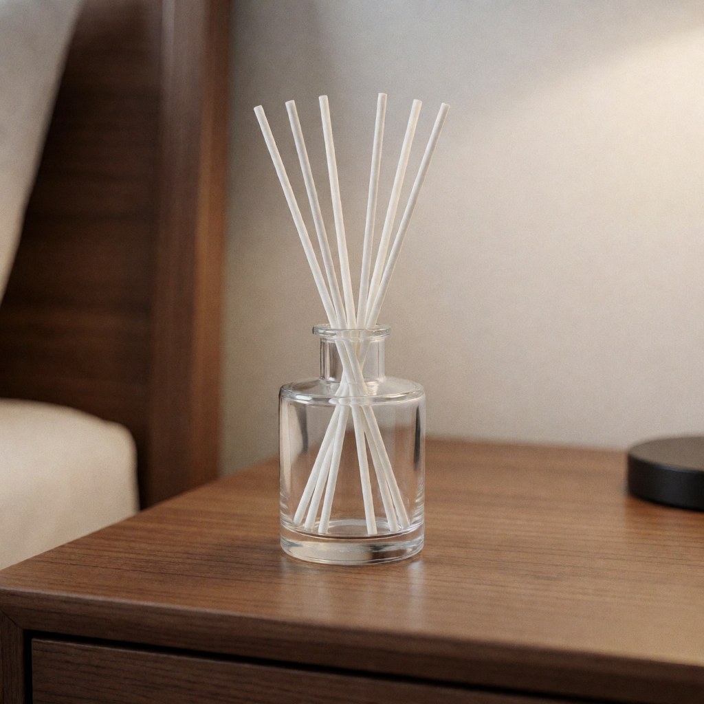 Diffuseur d'arôme avec bâtonnets blancs dans un bocal en verre posé sur une table de chevet en bois, idéal pour la décoration intérieure.