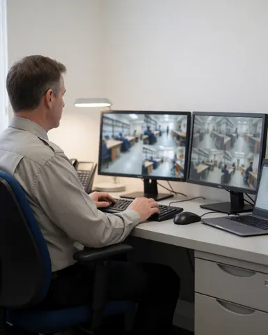 Un agent de sécurité travaille à son bureau avec des moniteurs de surveillance, éclairé par une lampe de bureau, dans un espace aux murs blancs.
