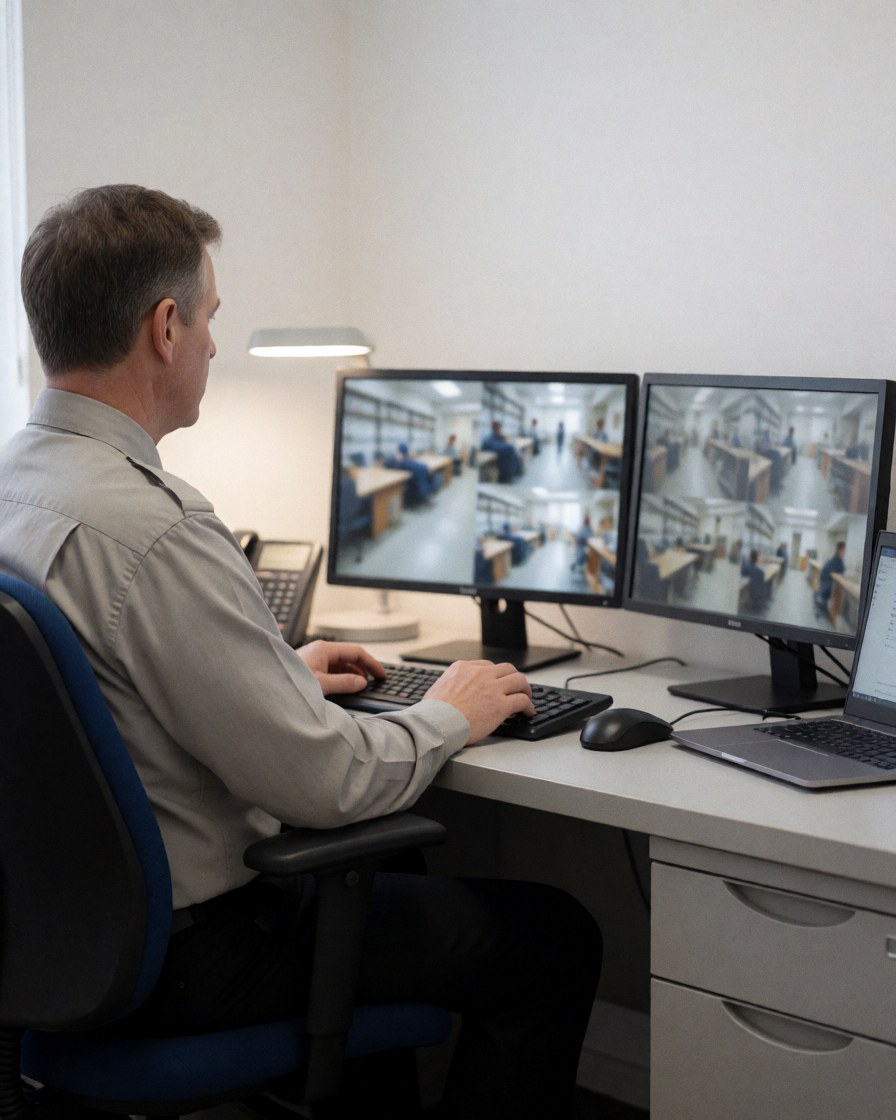 Un agent de sécurité travaille à son bureau avec des moniteurs de surveillance, éclairé par une lampe de bureau, dans un espace aux murs blancs.