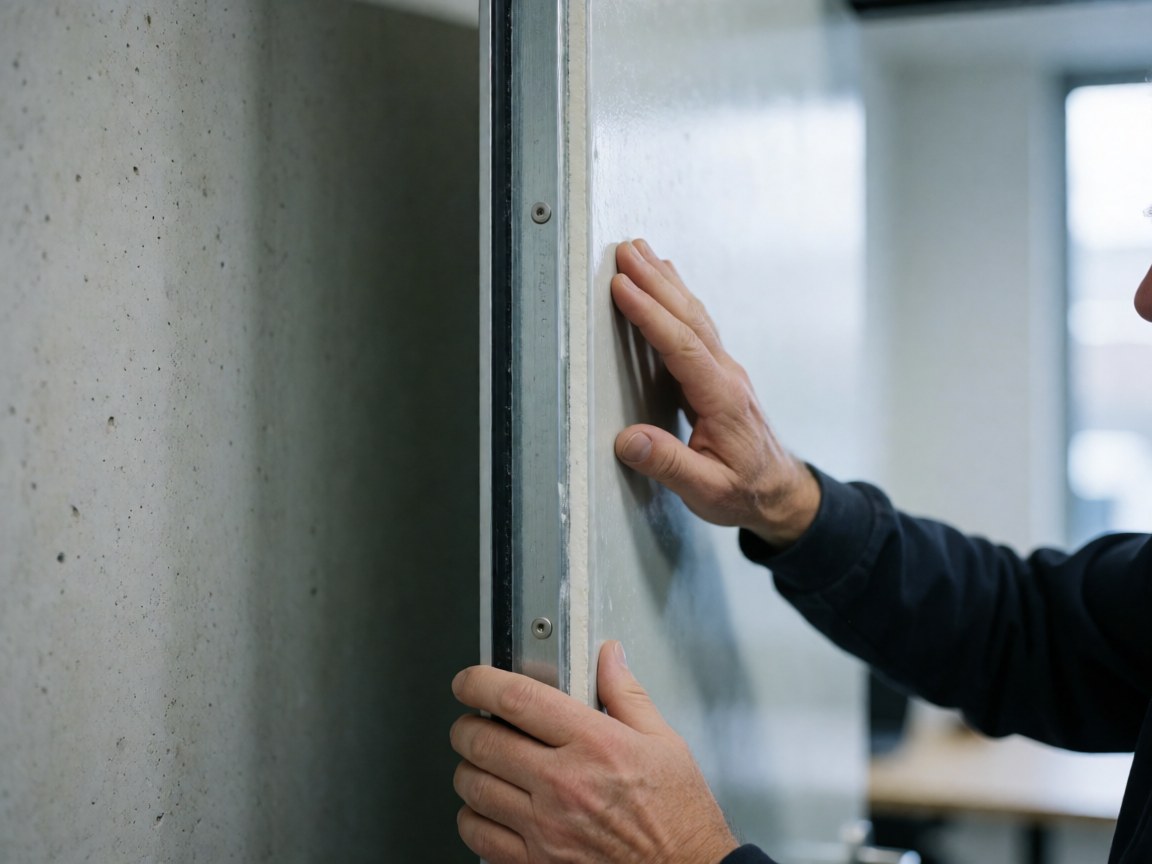 Main inspectant la connexion d'une porte en acier et fibre de verre sur un mur en béton, détail d'installation industrielle.