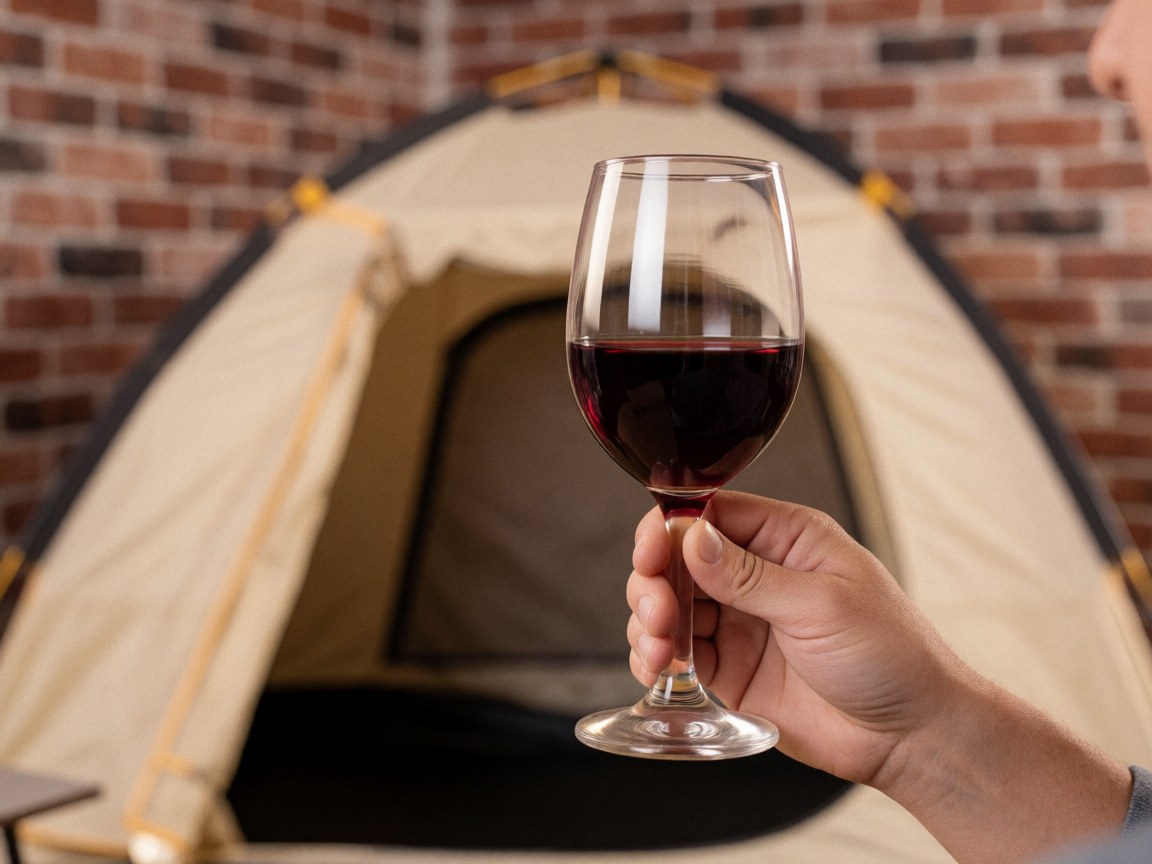 Une main tenant un verre de vin rouge devant une tente blanche avec un mur de briques en arrière-plan, évoquant une ambiance de détente au camping.