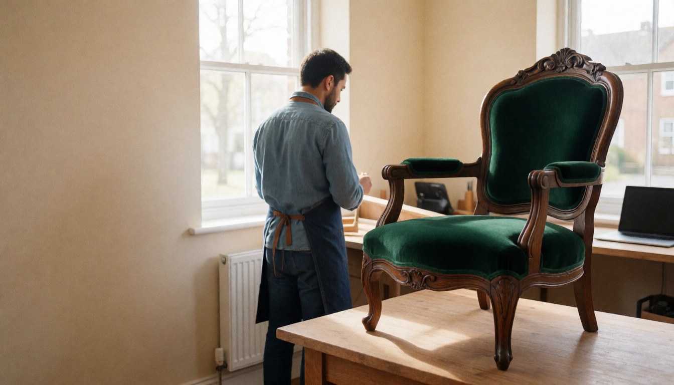 Un homme travaille dans un atelier de tapissier, restaurant une chaise victorienne avec du tissu vert, éclairée par la lumière naturelle des fenêtres, dans un environnement professionnel et ordonné.