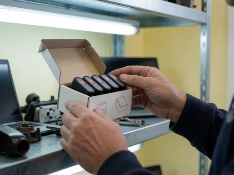 Des mains examinant des capteurs de lumière dans une boîte de produit posée sur une étagère métallique dans un atelier d'accessoires automobiles avec des murs jaunes et un éclairage fluorescent.