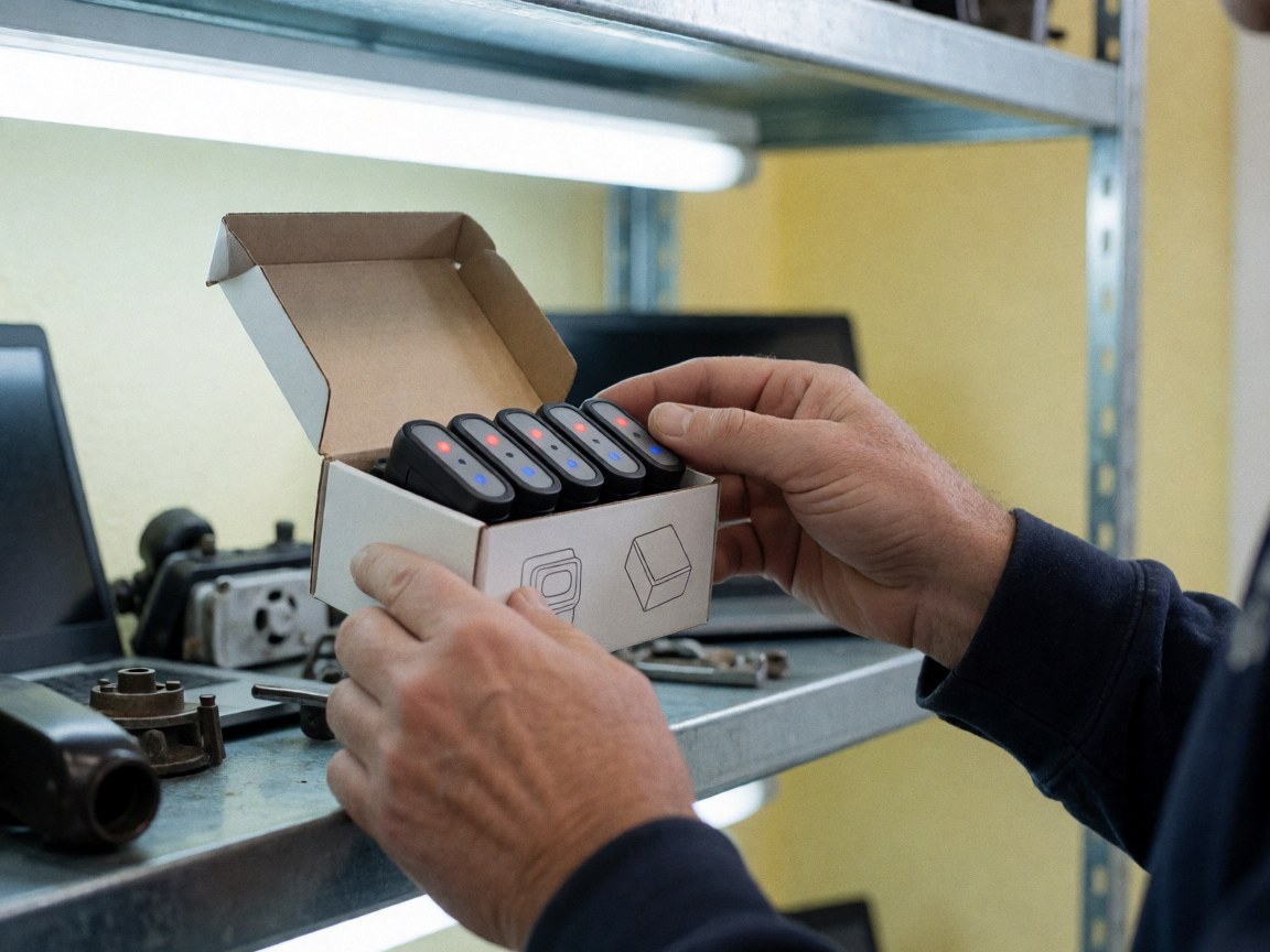 Des mains examinant des capteurs de lumière dans une boîte de produit posée sur une étagère métallique dans un atelier d'accessoires automobiles avec des murs jaunes et un éclairage fluorescent.