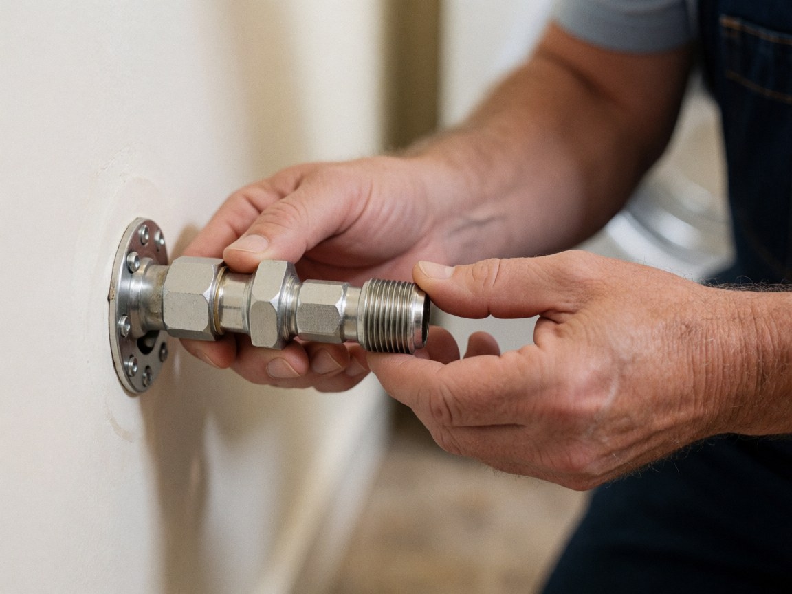 Mains d'un technicien ajustant une connexion métallique sur un sèche-linge, avec un mur blanc en arrière-plan, détail de réparation d'appareil électroménager.