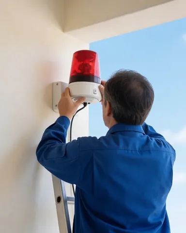 Un technicien en uniforme bleu installe une sirène rouge et blanche sur un mur blanc, illustrant la réparation d'alarmes avec soin.