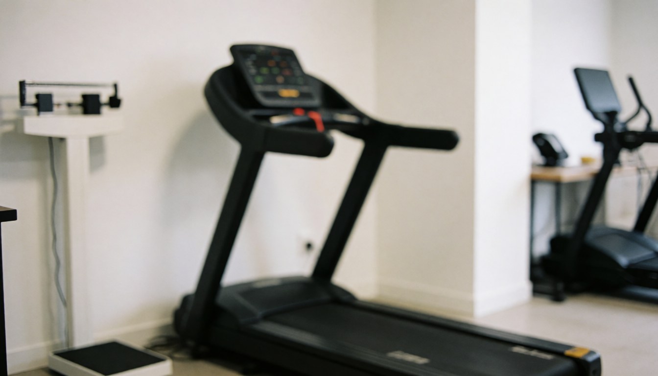 Fond de gymnase avec tapis de course et balance, idéal pour textes, ambiance professionnelle et propre.