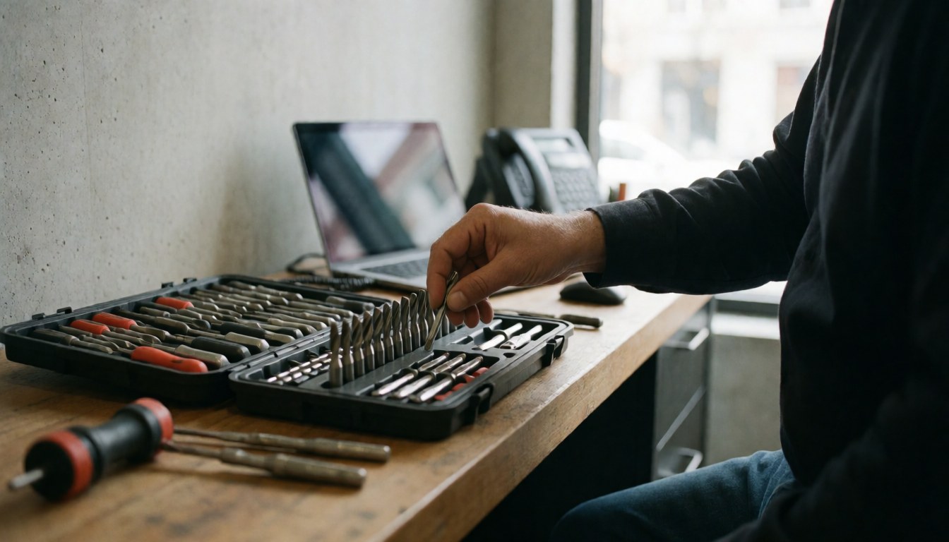 Un technicien choisit un embout dans son kit d'outils sur une table en bois dans un atelier de réparation électronique avec des murs en béton.