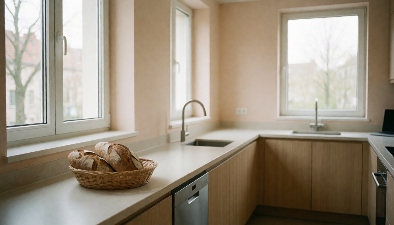 Cuisine d'appart-hotel avec pain artisanal dans une corbeille, grandes fenêtres et murs beige, ambiance calme et propre pour les séjours prolongés.