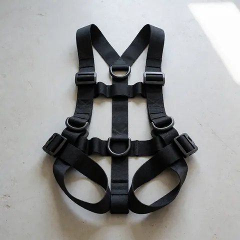 Harnais de sécurité noir avec anneaux en D et boucles en plastique posé sur un sol en béton, utilisé pour les parcs d'aventure et la protection professionnelle
