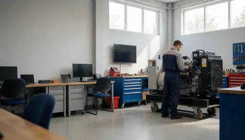 Technicien en uniforme effectuant une réparation sur un générateur industriel dans un atelier bien éclairé avec des outils et des ordinateurs visibles.