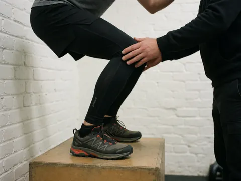 Un entraîneur d'athlétisme ajuste la position de la jambe d'un athlète portant des chaussures de trail et des collants de compression devant un mur de briques blanches.