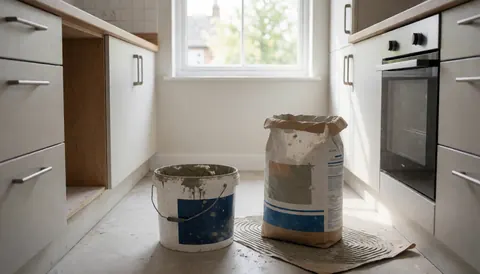 Cuisine en rénovation avec seau d'adhésif et sac de mortier, éclairage naturel, idéal pour un carrelage.