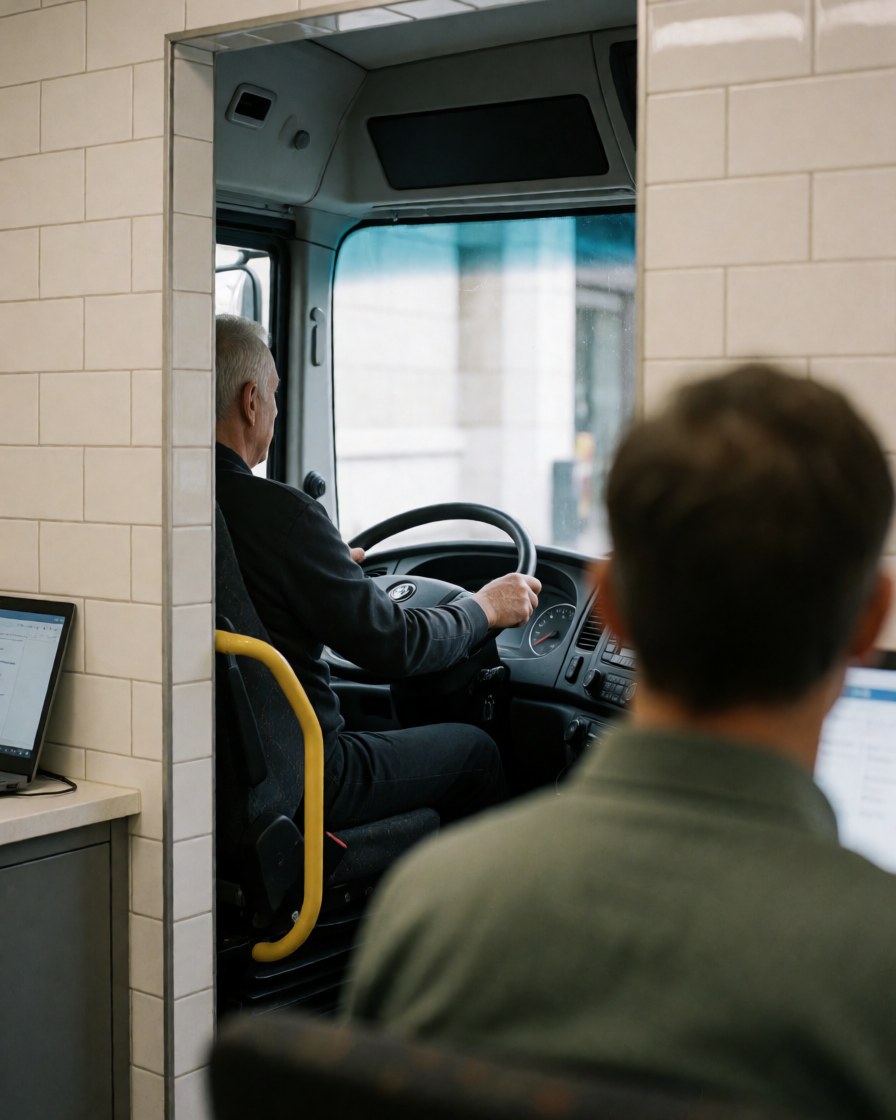 Vue arrière d'une cliente posant les mains sur le volant d'un bus de tourisme, intérieur avec des murs recouverts de carreaux blancs, scène réaliste et professionnelle.