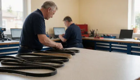 Un technicien examine les courroies d'un sèche-linge dans un atelier bien éclairé, entouré d'outils et d'ordinateurs, illustrant un service de réparation professionnel.
