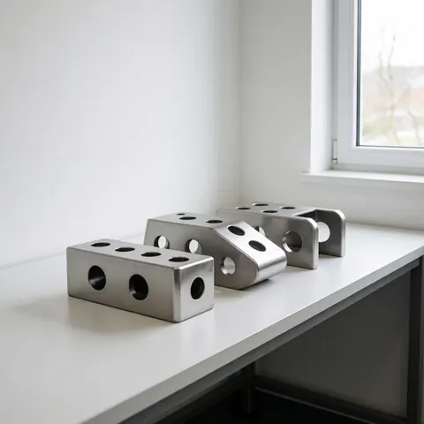 Trois pièces métalliques estampées avec des trous circulaires posées sur une table blanche, éclairées par la lumière naturelle d'une fenêtre.