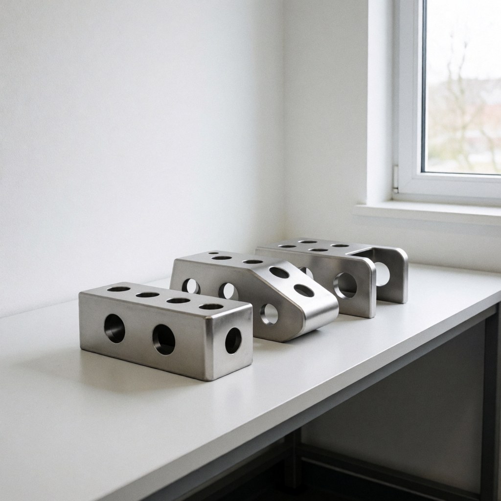 Trois pièces métalliques estampées avec des trous circulaires posées sur une table blanche, éclairées par la lumière naturelle d'une fenêtre.