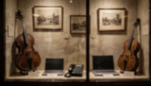 Vitrine d'exposition avec deux violoncelles anciens, des tableaux encadrés et un éclairage chaleureux, idéale pour fond de texte dans un musée ou une galerie.