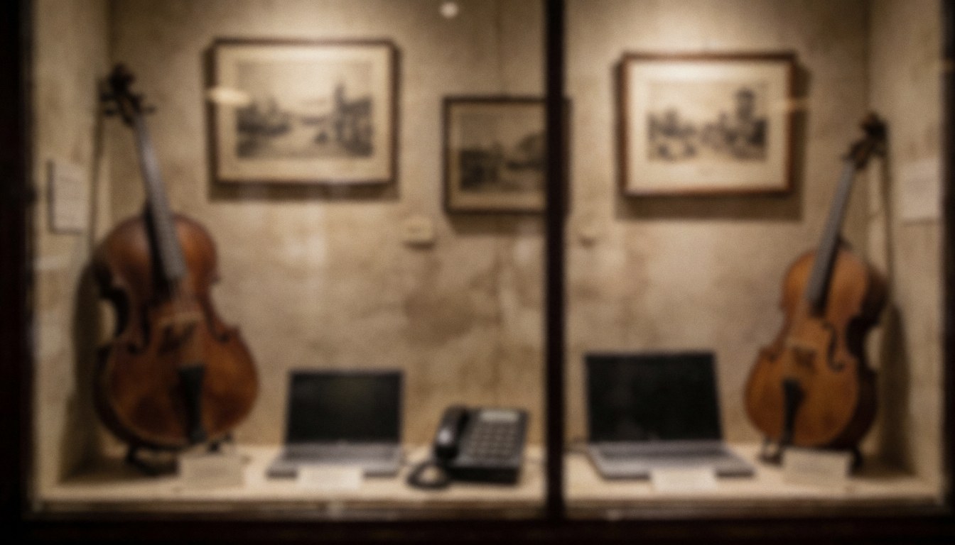 Vitrine d'exposition avec deux violoncelles anciens, des tableaux encadrés et un éclairage chaleureux, idéale pour fond de texte dans un musée ou une galerie.