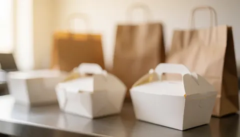 Des boîtes blanches et des sacs en papier brun posés sur une surface en acier inoxydable avec un fond flou adapté aux textes commerciaux.