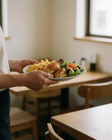 Client tenant un plat contenant du poulet rôti, des frites et une salade dans un restaurant avec des tables en bois et des murs blancs.